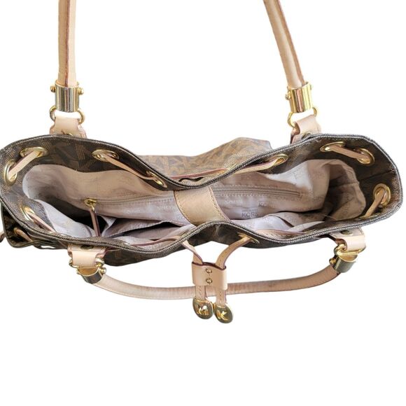 Michael Kors Brown Monogram Drawstring Satchel Handbag Purse Double Top Handle - Picture 7 of 16